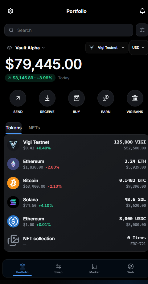 Vigi Wallet home — balance, actions and tokens