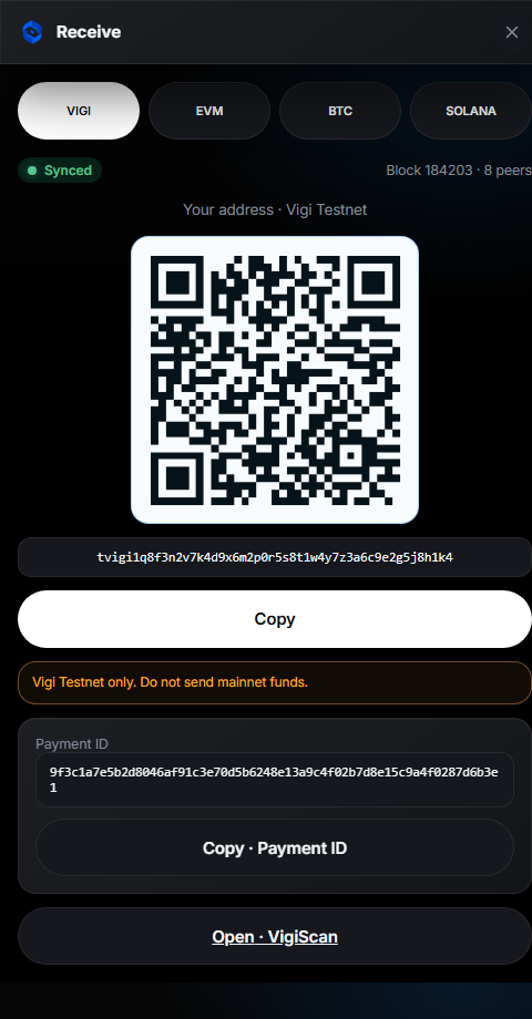 Vigi Wallet receive — address and QR