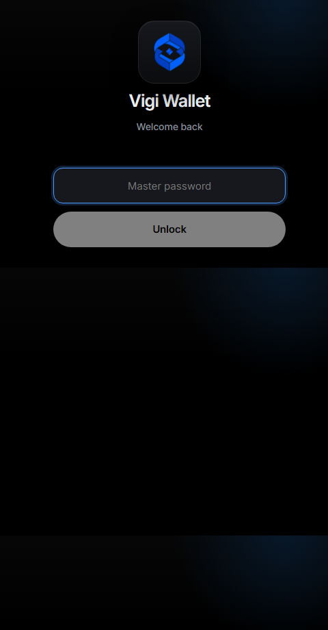 Vigi Wallet unlock screen with master password field